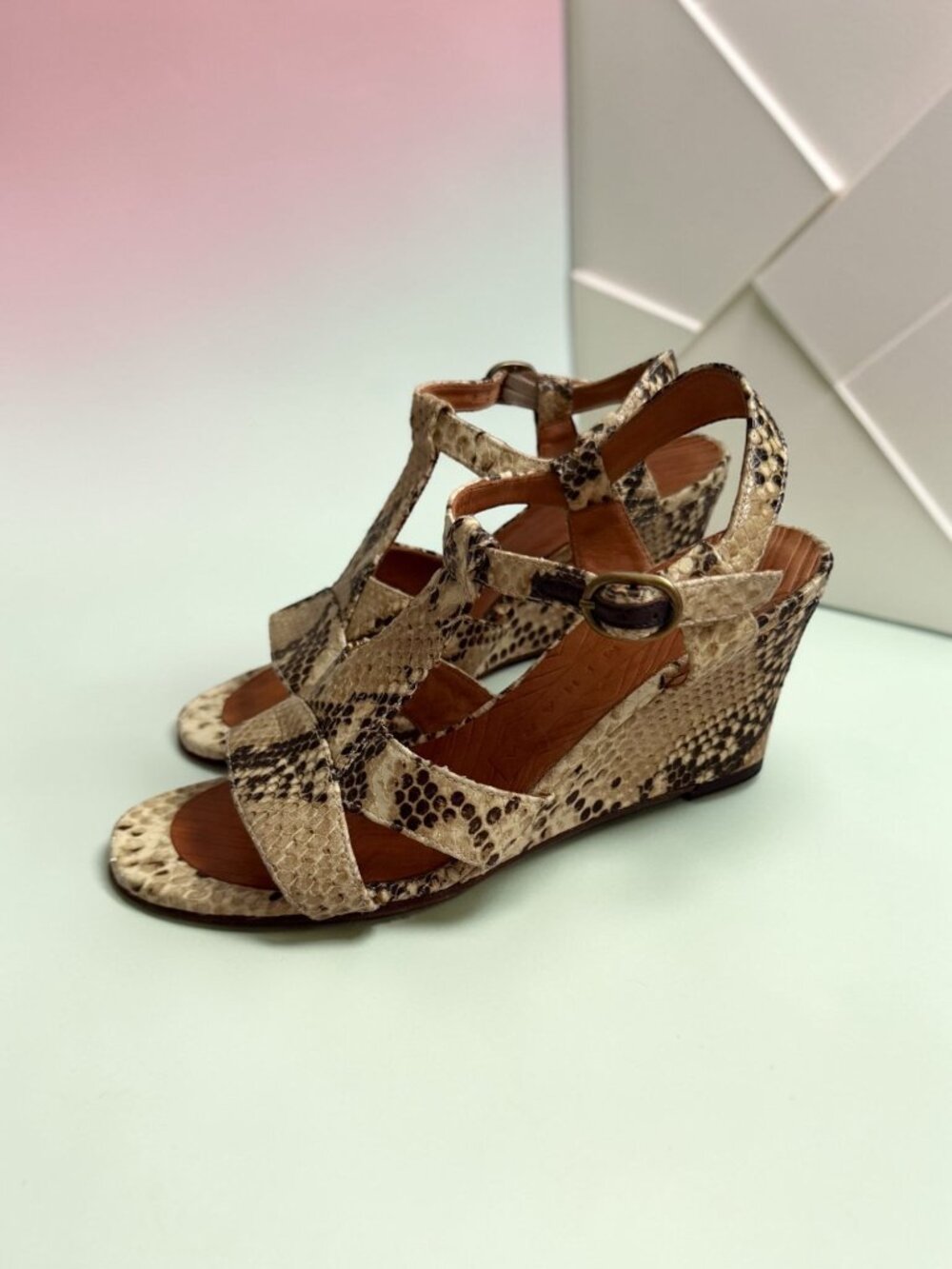 CHIA MIHARA Snake Print Leather Wedges Sandals Size 37.5 / US 7.5